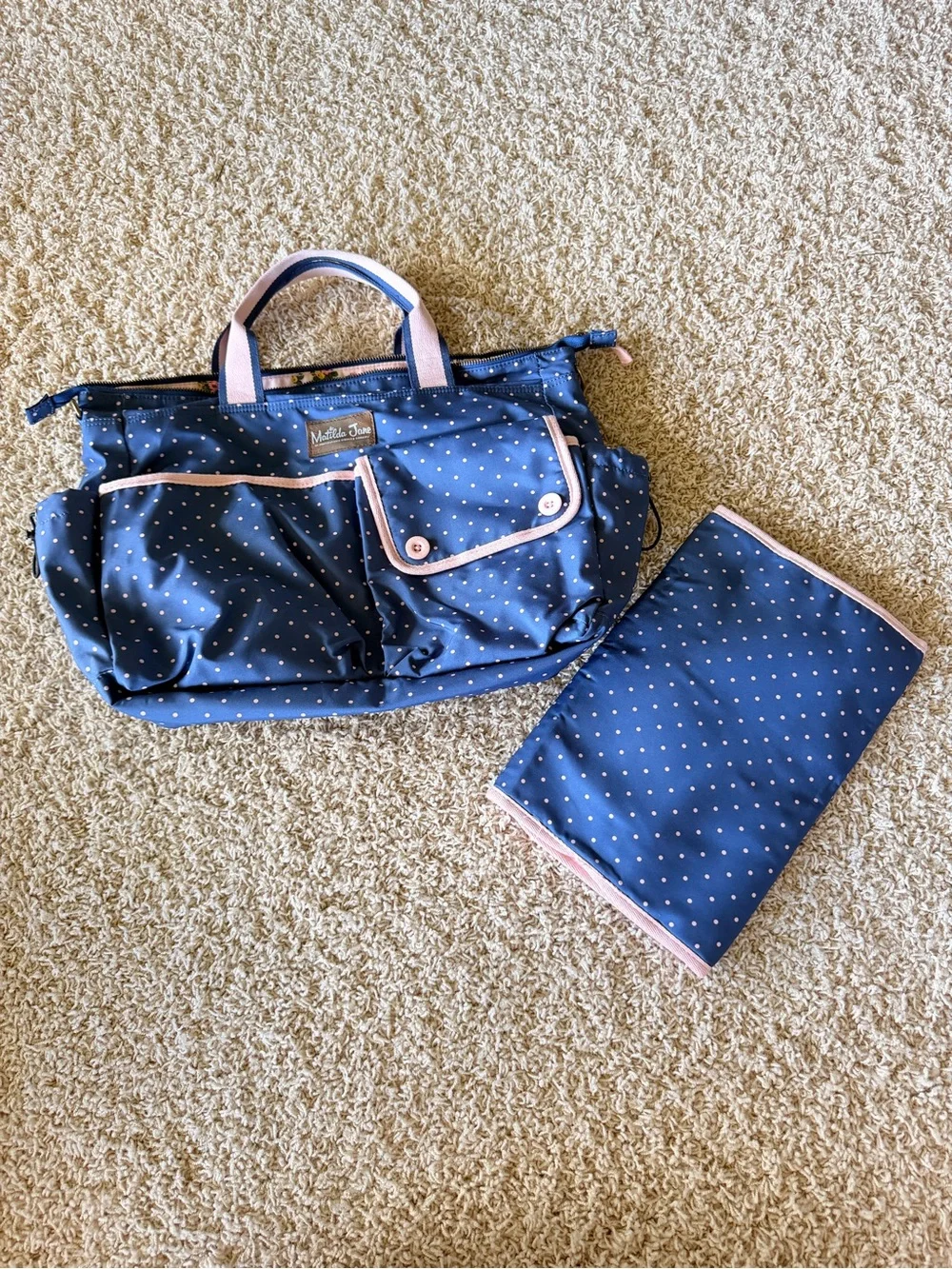 Matilda Jane Navy Polka Dot Tote with Pink Handles